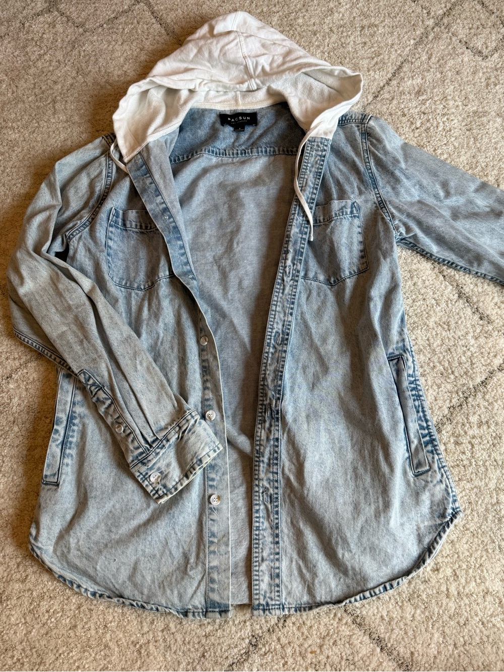 PacSun Light Blue Denim Hooded Jacket with Cream Hood Size S
